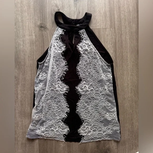 Cable & Gauge Black and White Lace Halter Top - Picture 1 of 7